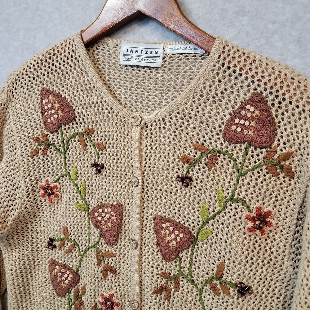 Vintage Jantzen Cardigan Sweater Women's M Beige Embroidery Mushroom Aesthetic - Picture 2 of 11
